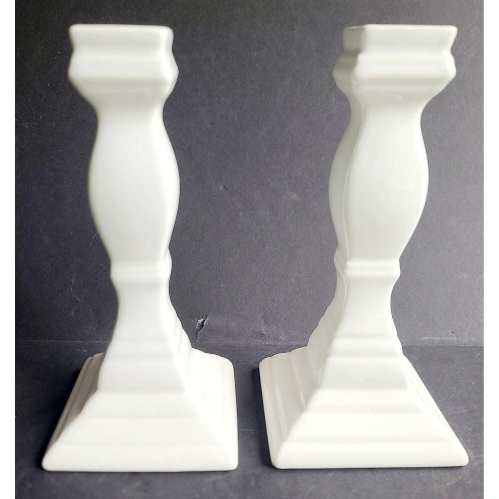 Mikasa White Ceramic Square Base Baluster Candlestick Holders Pair Minimalist